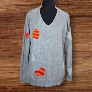 Zaket & Plover Gray V-Neck Sweater with Orange and White Heart Accents Size S